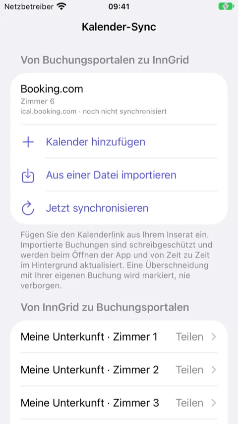 InnGrid-Einstellungen, Kalender-Sync: der Abschnitt „Von InnGrid zu Buchungsportalen“ mit einer Schaltfläche „Teilen“ neben jedem Zimmer