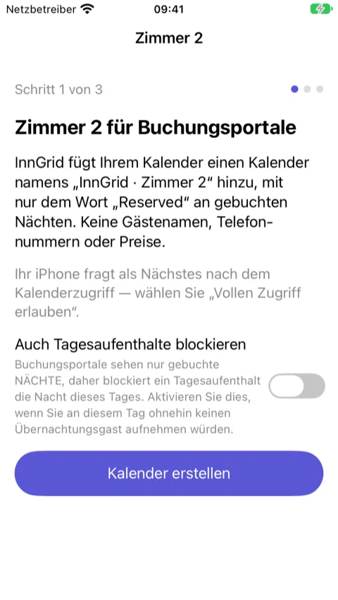 Assistent, Schritt 1 von 3: was passiert, und die Schaltfläche zum Erstellen des Kalenders