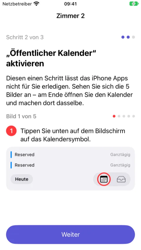 Assistent, Schritt 2: Bild 1 von 5 mit der Kalender-App