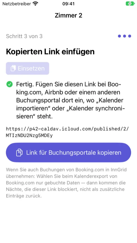 Assistent, Schritt 3 von 3: der eingesetzte Link und die Schaltfläche „Link für Buchungsportale kopieren“