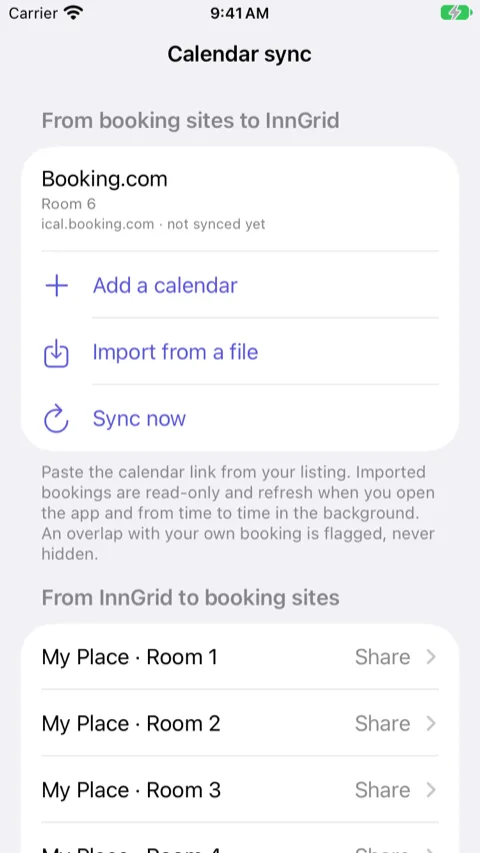 InnGrid Settings, Calendar sync: the section “From InnGrid to booking sites” with a “Share” button next to each room
