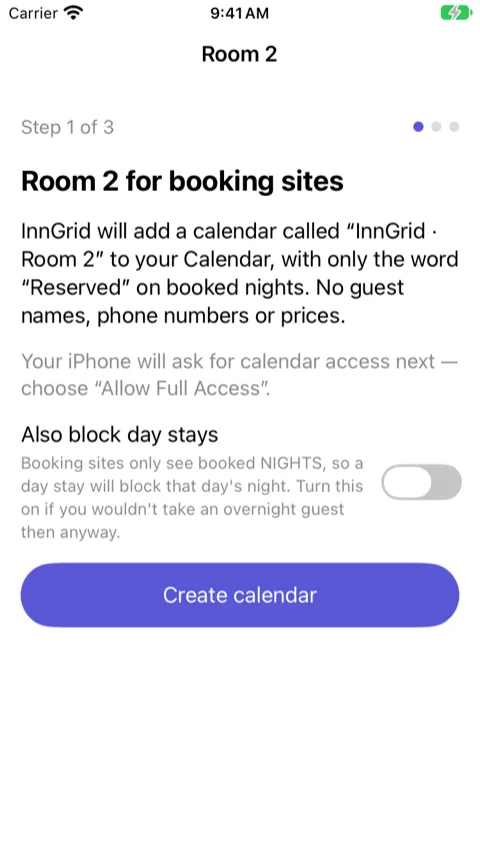 Wizard, step 1 of 3: what will happen, and the button that creates the calendar