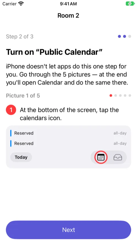 Wizard, step 2: picture 1 of 5 showing the Calendar app
