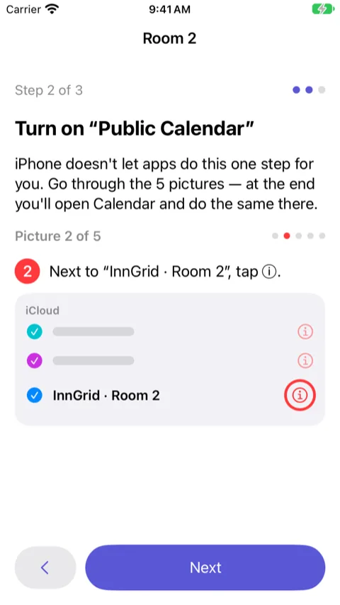 Wizard, step 2: picture 2 of 5 showing the Calendar app