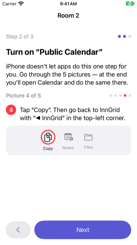 Wizard, step 2: picture 4 of 5 showing the Calendar app