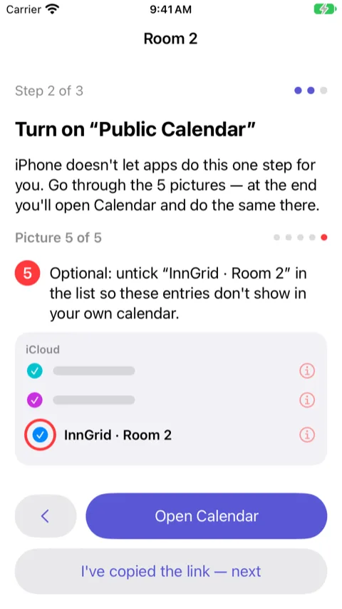 Wizard, step 2: picture 5 of 5 showing the Calendar app