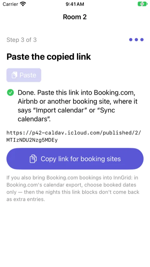 Wizard, step 3 of 3: the pasted link and the “Copy link for booking sites” button