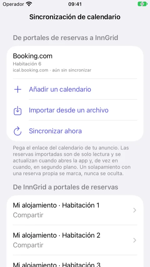 Ajustes de InnGrid, Sincronización de calendario: la sección “De InnGrid a portales de reservas” con un botón “Compartir” junto a cada habitación