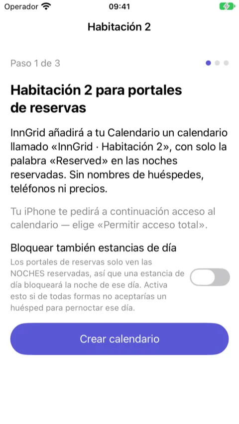 Asistente, paso 1 de 3: lo que va a pasar y el botón que crea el calendario