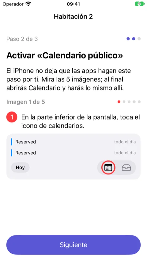 Asistente, paso 2: imagen 1 de 5 que muestra la app Calendario