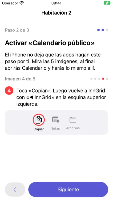 Asistente, paso 2: imagen 4 de 5 que muestra la app Calendario