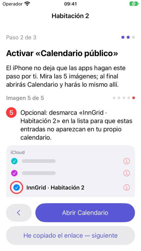 Asistente, paso 2: imagen 5 de 5 que muestra la app Calendario