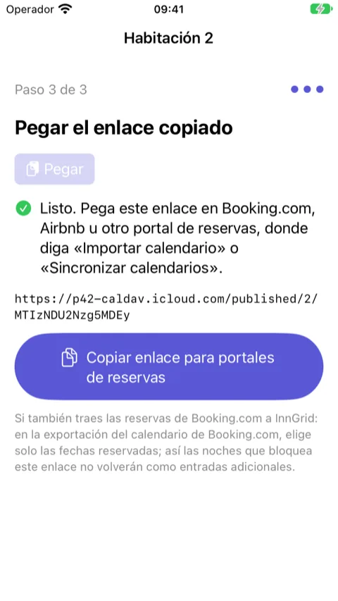 Asistente, paso 3 de 3: el enlace pegado y el botón “Copiar enlace para portales de reservas”