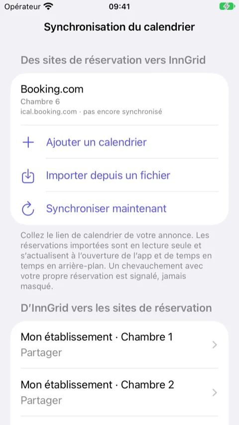 Réglages d’InnGrid, Synchronisation du calendrier : la section « D’InnGrid vers les sites de réservation » avec un bouton « Partager » à côté de chaque chambre
