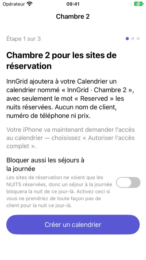 Assistant, étape 1 sur 3 : ce qui va se passer, et le bouton qui crée le calendrier