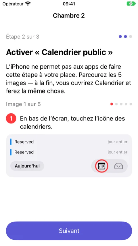 Assistant, étape 2 : image 1 sur 5 montrant l’app Calendrier