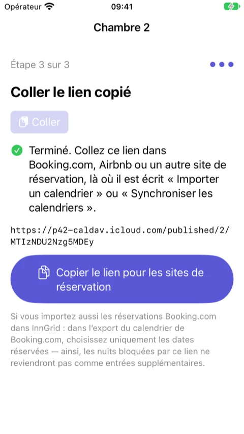Assistant, étape 3 sur 3 : le lien collé et le bouton « Copier le lien pour les sites de réservation »
