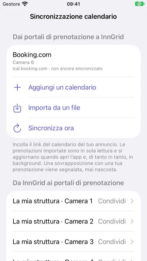 Impostazioni di InnGrid, Sincronizzazione calendario: la sezione “Da InnGrid ai portali di prenotazione” con un pulsante “Condividi” accanto a ogni camera