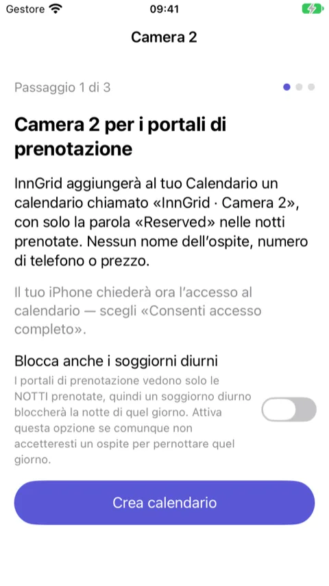 Procedura guidata, passaggio 1 di 3: cosa succederà e il pulsante che crea il calendario