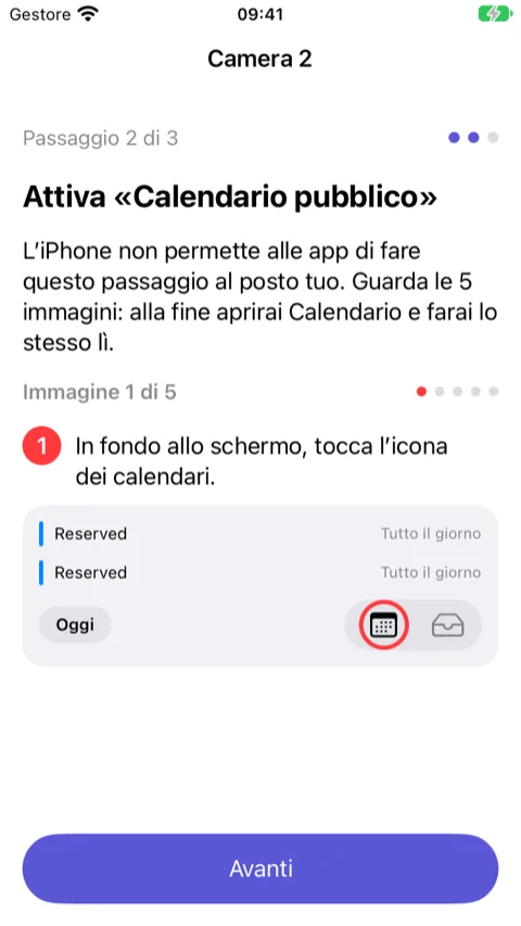 Procedura guidata, passaggio 2: immagine 1 di 5 che mostra l'app Calendario