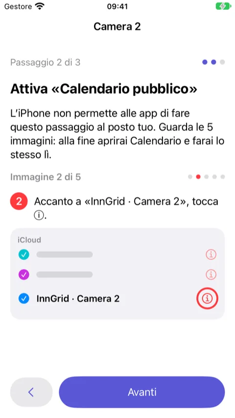 Procedura guidata, passaggio 2: immagine 2 di 5 che mostra l'app Calendario