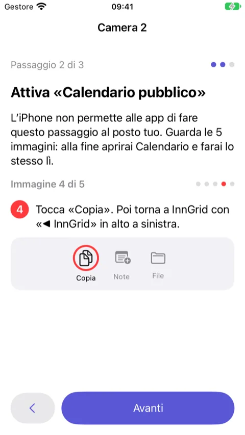 Procedura guidata, passaggio 2: immagine 4 di 5 che mostra l'app Calendario