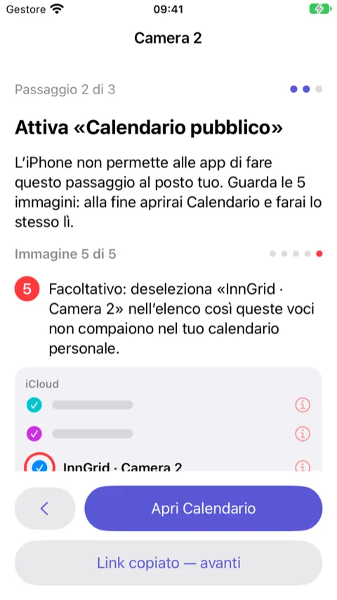 Procedura guidata, passaggio 2: immagine 5 di 5 che mostra l'app Calendario