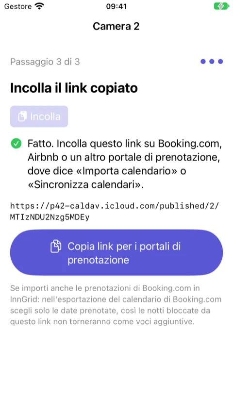 Procedura guidata, passaggio 3 di 3: il link incollato e il pulsante “Copia link per i portali di prenotazione”