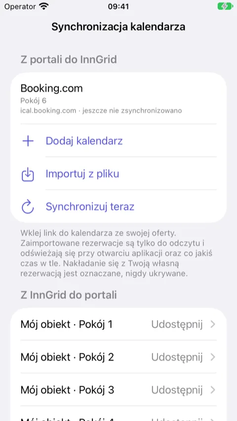 Ustawienia InnGrid, Synchronizacja kalendarza: sekcja „Z InnGrid do portali” z przyciskiem „Udostępnij” przy każdym pokoju
