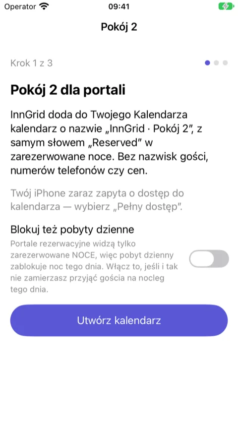 Kreator, krok 1 z 3: co się stanie i przycisk tworzenia kalendarza