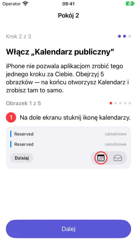 Kreator, krok 2: obrazek 1 z 5 pokazujący aplikację Kalendarz