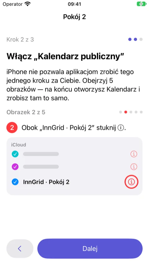 Kreator, krok 2: obrazek 2 z 5 pokazujący aplikację Kalendarz