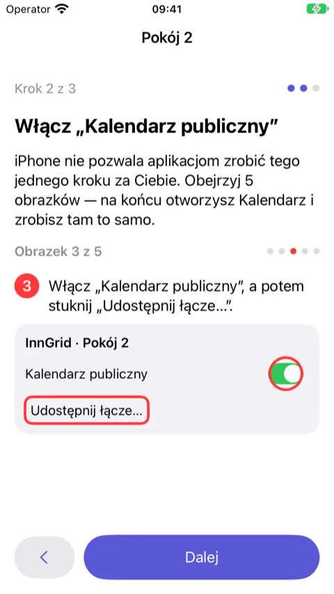 Kreator, krok 2: obrazek 3 z 5 pokazujący aplikację Kalendarz