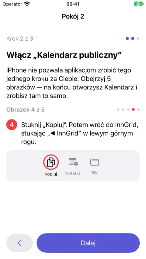 Kreator, krok 2: obrazek 4 z 5 pokazujący aplikację Kalendarz