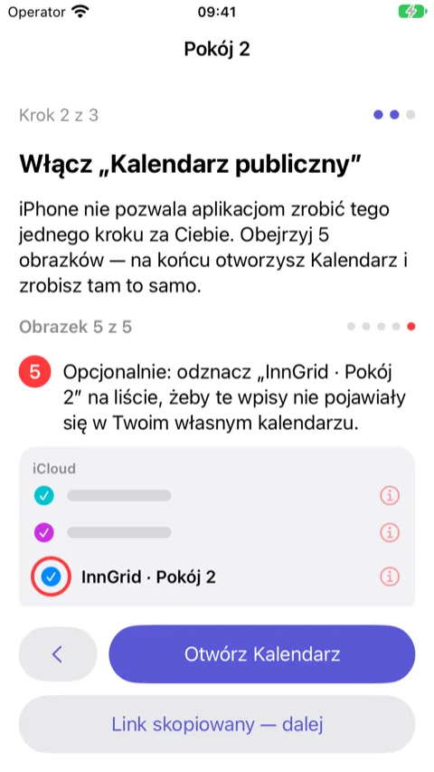 Kreator, krok 2: obrazek 5 z 5 pokazujący aplikację Kalendarz