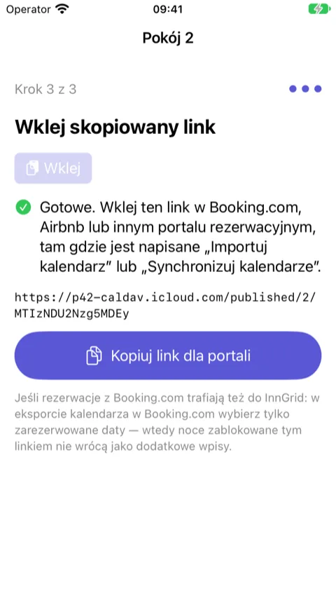 Kreator, krok 3 z 3: wklejony link i przycisk „Kopiuj link dla portali”
