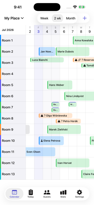 The occupancy board: rooms down the side, nights across the top, colored booking bars.