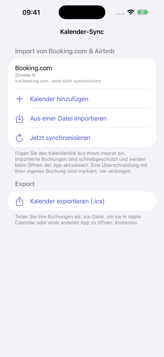 Kalender-Sync: Buchungen von Booking.com und Airbnb importieren, eigene als .ics exportieren.