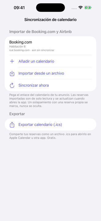 Sincronización de calendarios: importa reservas de Booking.com y Airbnb, exporta las tuyas como .ics.