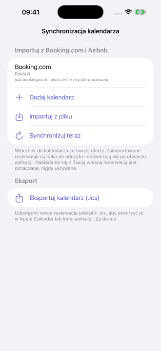 Synchronizacja kalendarzy: import rezerwacji z Booking.com i Airbnb, eksport własnych jako .ics.